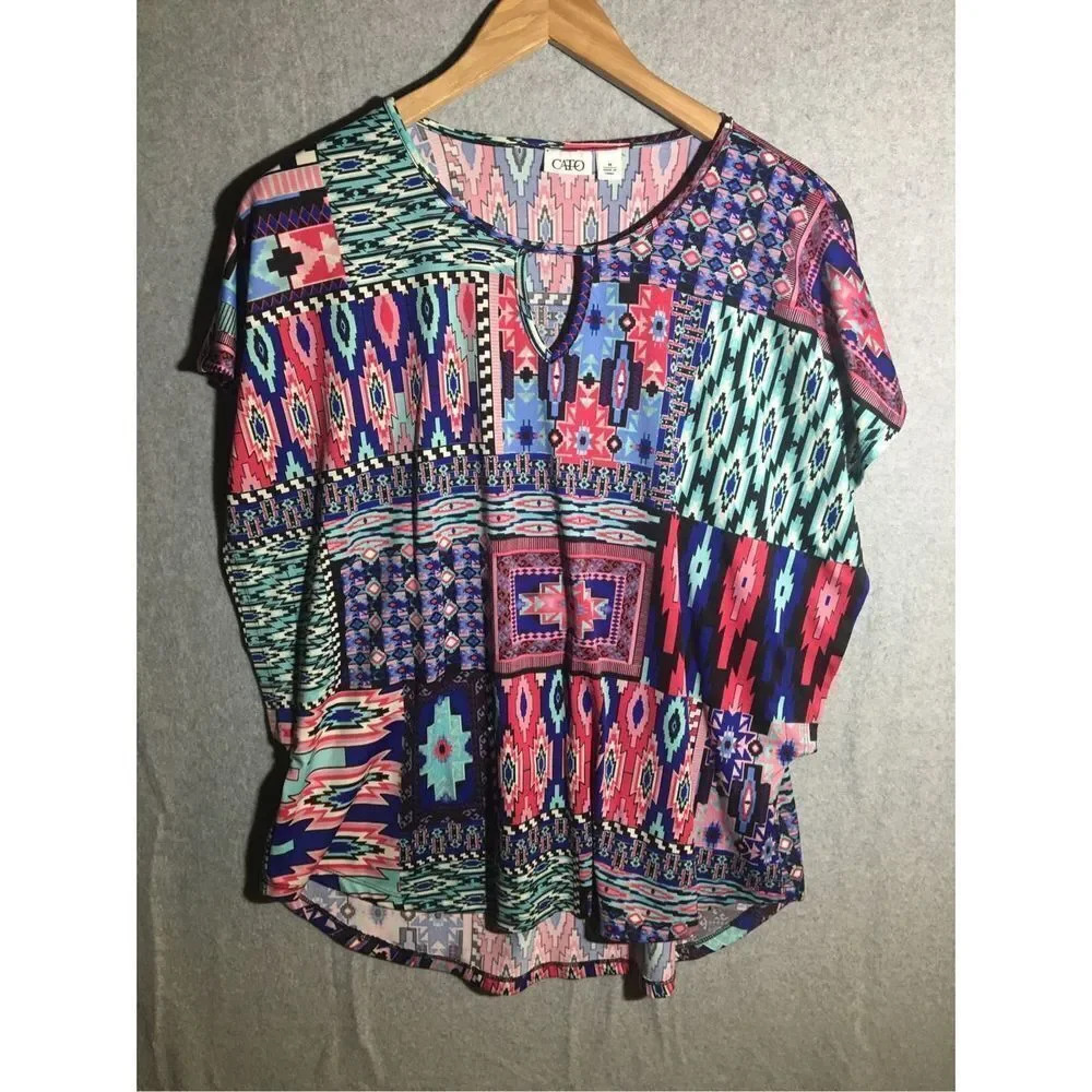 Womens Cato Blouse Tribal Aztec Keyhole Neckline Casual Colorful